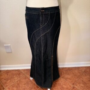 Bisou Bisou Denim Maxi Skirt Indigo Contrast Stitch Paneled Mermaid Zipper Slit